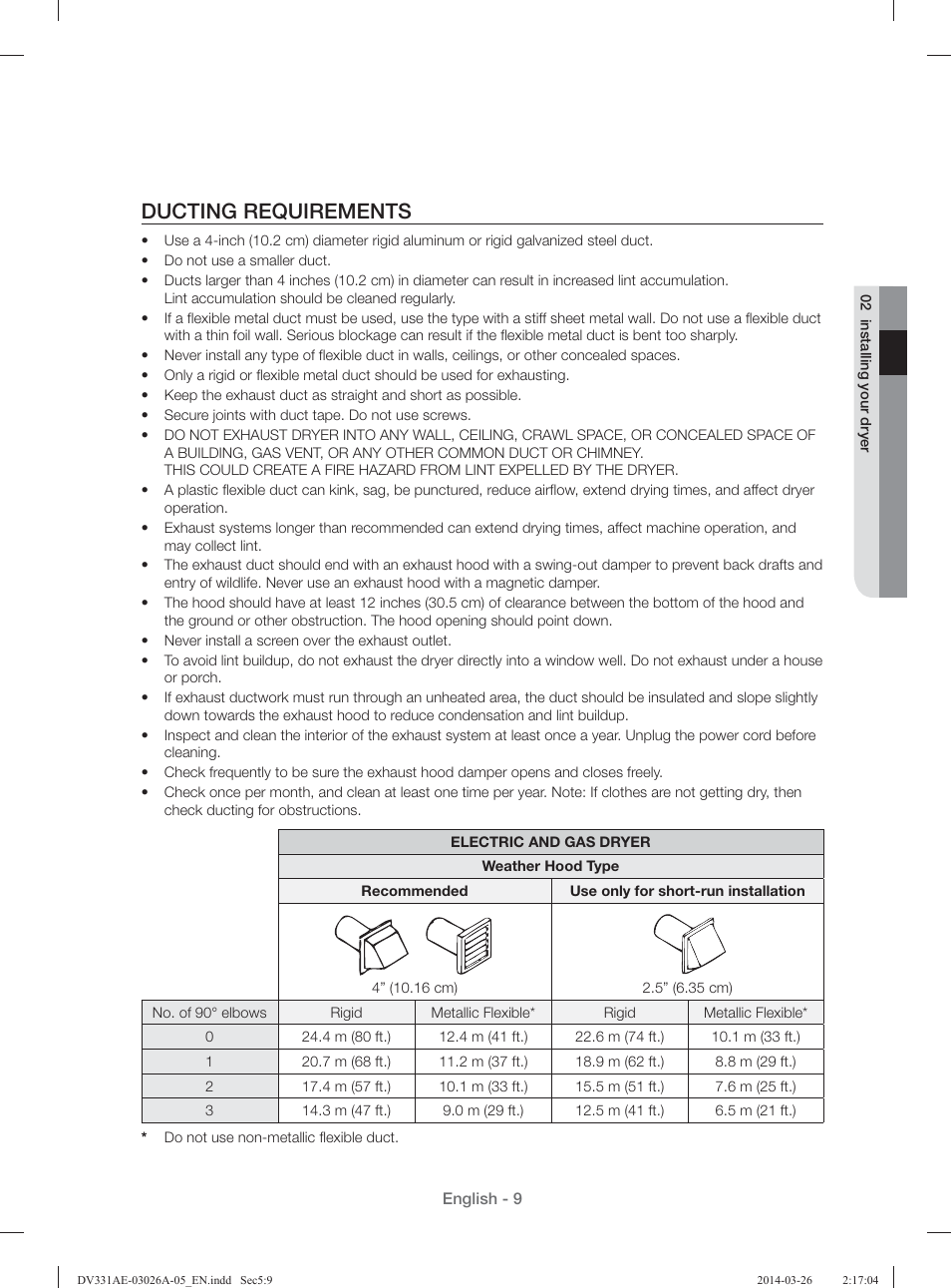 Ducting requirements | Samsung DV331AER-XAA User Manual | Page 9 / 80