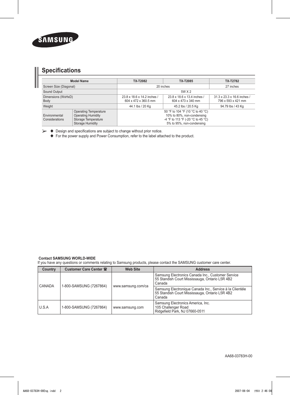 Samsung TXT2082X-XAA User Manual | 24 pages