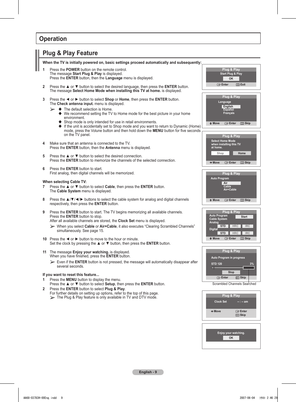Operation, Plug & play feature | Samsung TXT2082X-XAA User Manual | Page 10 / 24