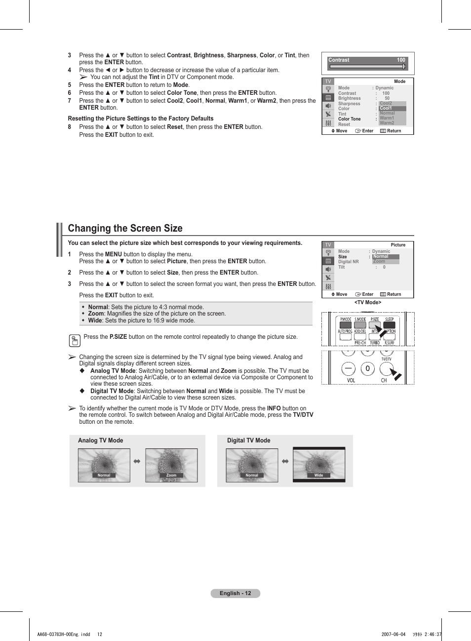 Changing the screen size | Samsung TXT2082X-XAA User Manual | Page 13 / 24