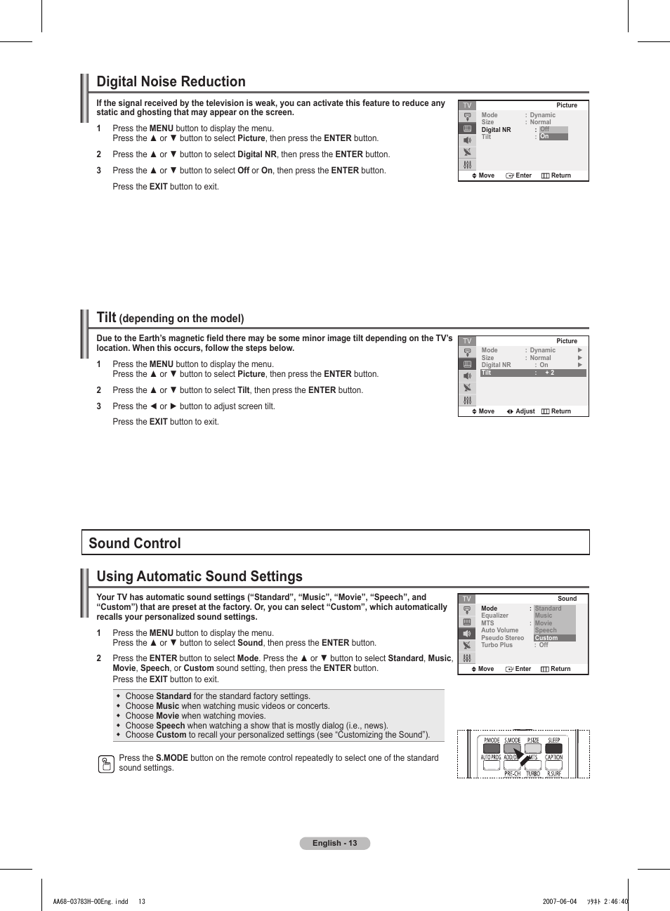 Digital noise reduction, Tilt (depending on the model), Sound control | Using automatic sound settings, Tilt, Depending on the model) | Samsung TXT2082X-XAA User Manual | Page 14 / 24