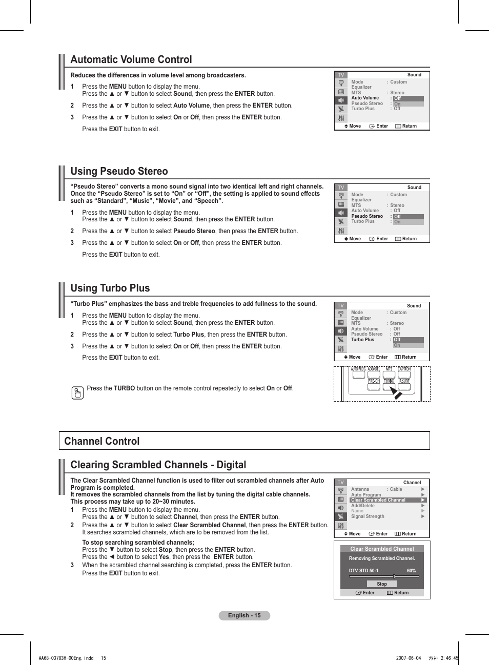 Automatic volume control, Using pseudo stereo, Using turbo plus | Channel control, Clearing scrambled channels - digital | Samsung TXT2082X-XAA User Manual | Page 16 / 24