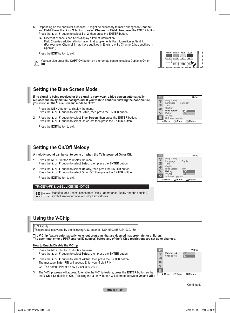 Setting the blue screen mode, Setting the on/off melody, Using the v-chip | Samsung TXT2082X-XAA User Manual | Page 21 / 24