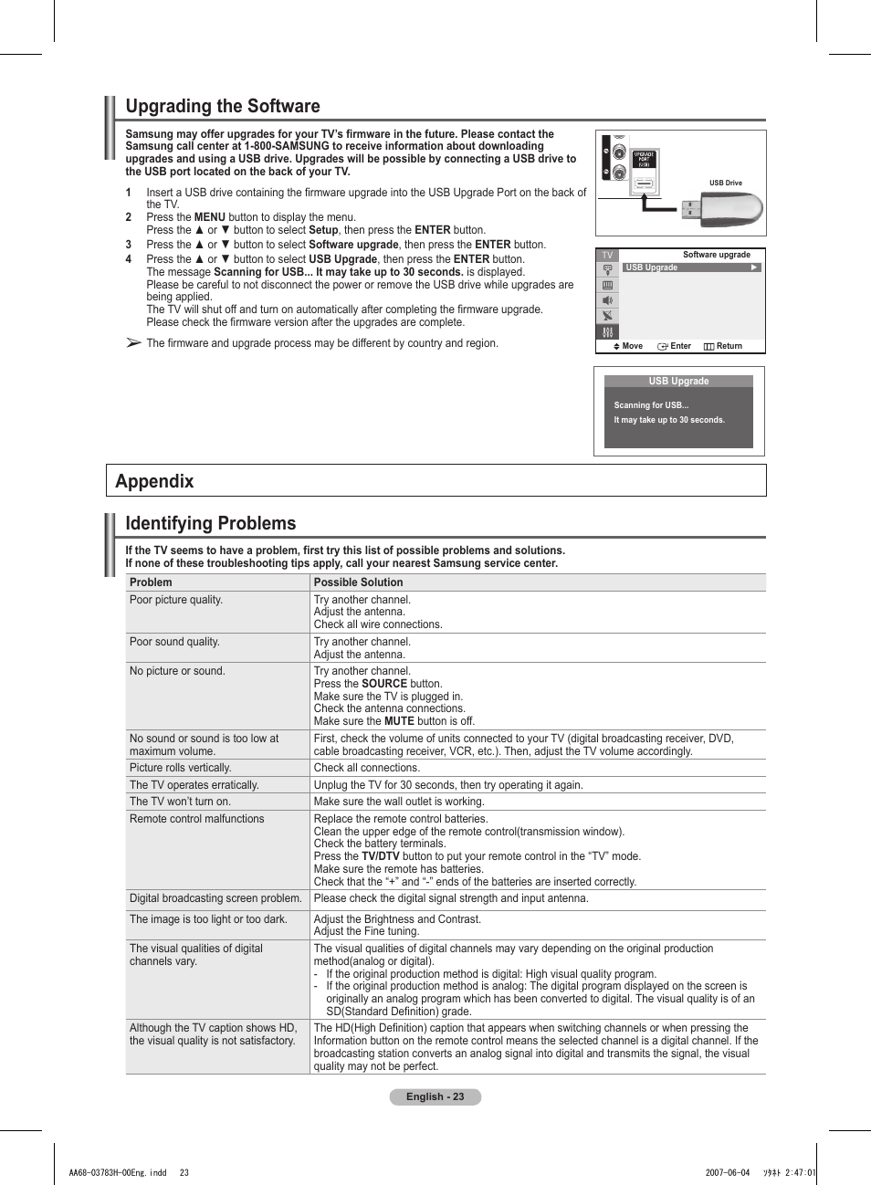 Upgrading the software, Appendix, Identifying problems | Samsung TXT2082X-XAA User Manual | Page 24 / 24