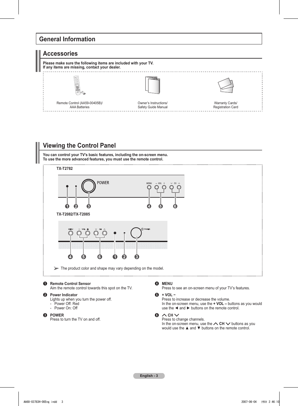 General information, Accessories, Viewing the control panel | Samsung TXT2082X-XAA User Manual | Page 4 / 24