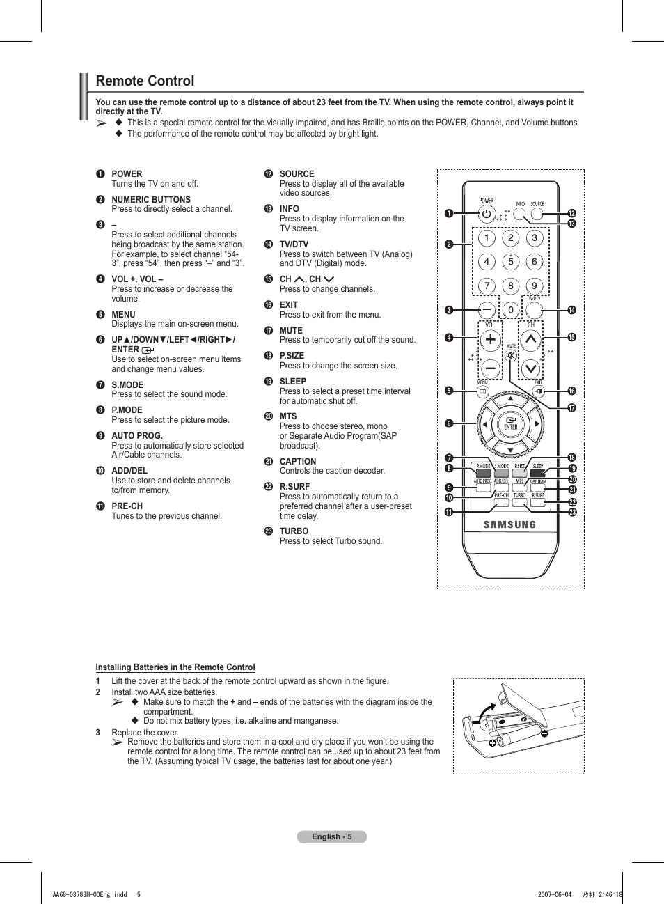 Remote control | Samsung TXT2082X-XAA User Manual | Page 6 / 24