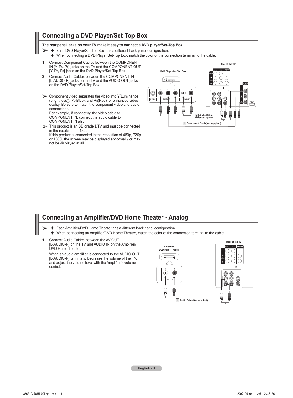 Connecting a dvd player/set-top box, Connecting an amplifier/dvd home theater - analog | Samsung TXT2082X-XAA User Manual | Page 9 / 24