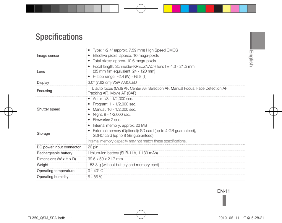 Specifications | Samsung EC-TL350ZBPBUS User Manual | Page 11 / 24