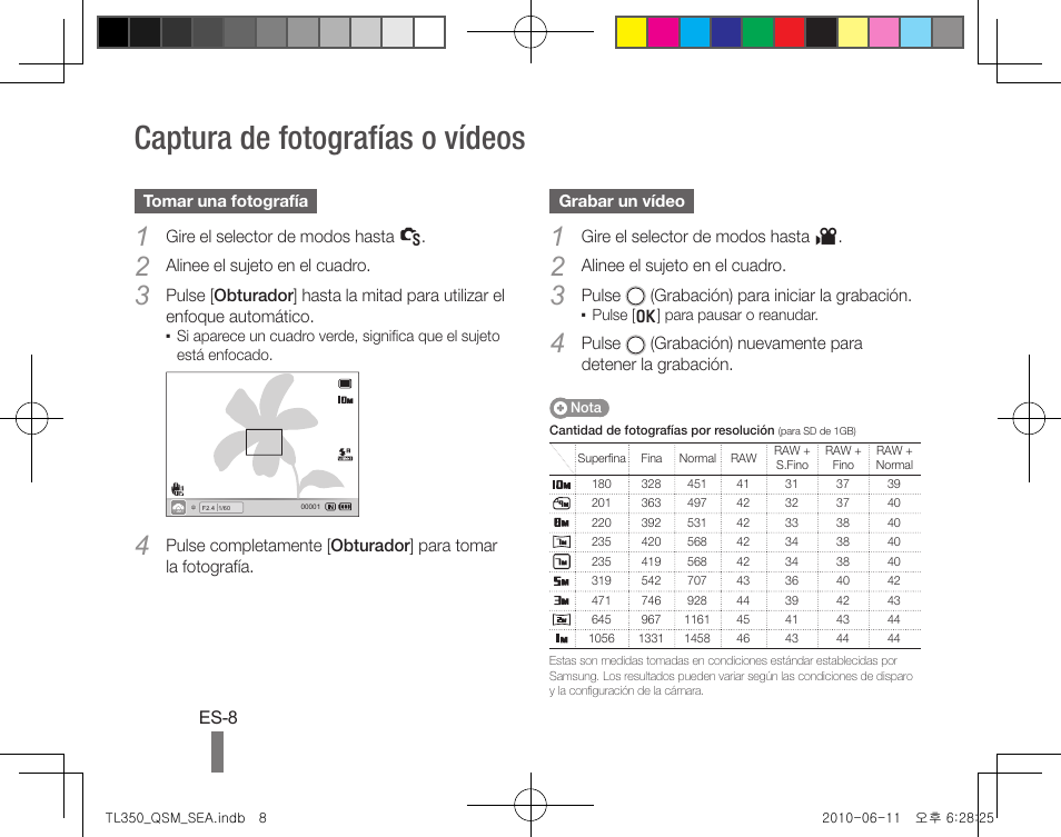 Captura de fotografías o vídeos | Samsung EC-TL350ZBPBUS User Manual | Page 18 / 24
