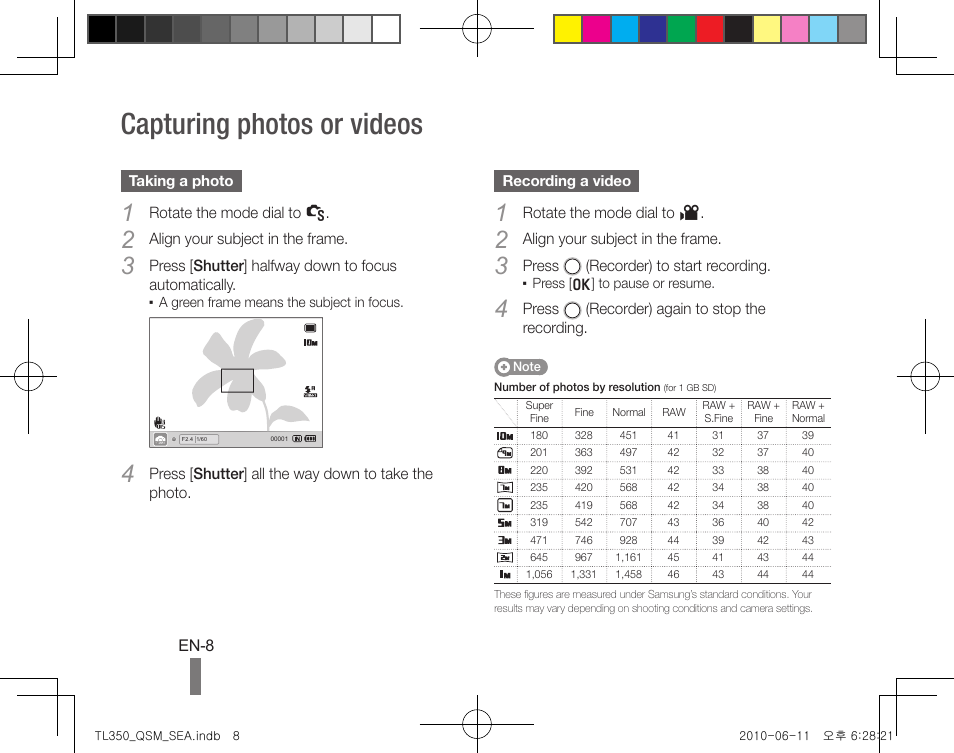 Capturing photos or videos | Samsung EC-TL350ZBPBUS User Manual | Page 8 / 24