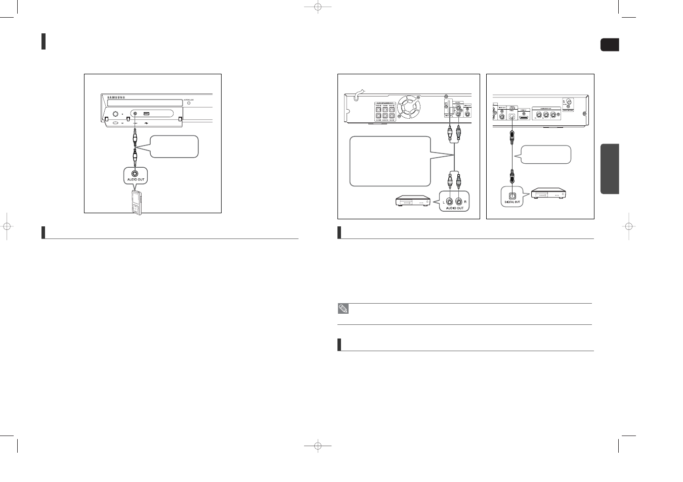 Connecting audio from external components, Optical : connecting an external digital component, Aux1 : connecting an external analog component | Aux2 : connecting an external analog component | Samsung HT-X40T-XAA User Manual | Page 10 / 33