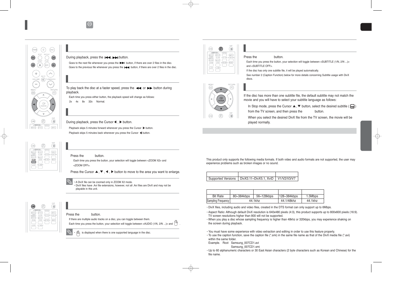 Divx playback, Skip forward/back, 5 minute skip function | Fast playback 1, Zoom function, Audio display, If the disc has more than one subtitle file, Subtitle display | Samsung HT-X40T-XAA User Manual | Page 14 / 33