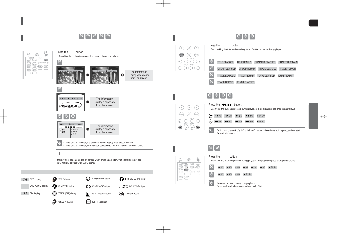 Using the playback function, Displaying disc information, Checking the remaining time | Fast playback, Slow playback, Eng opera tion | Samsung HT-X40T-XAA User Manual | Page 15 / 33