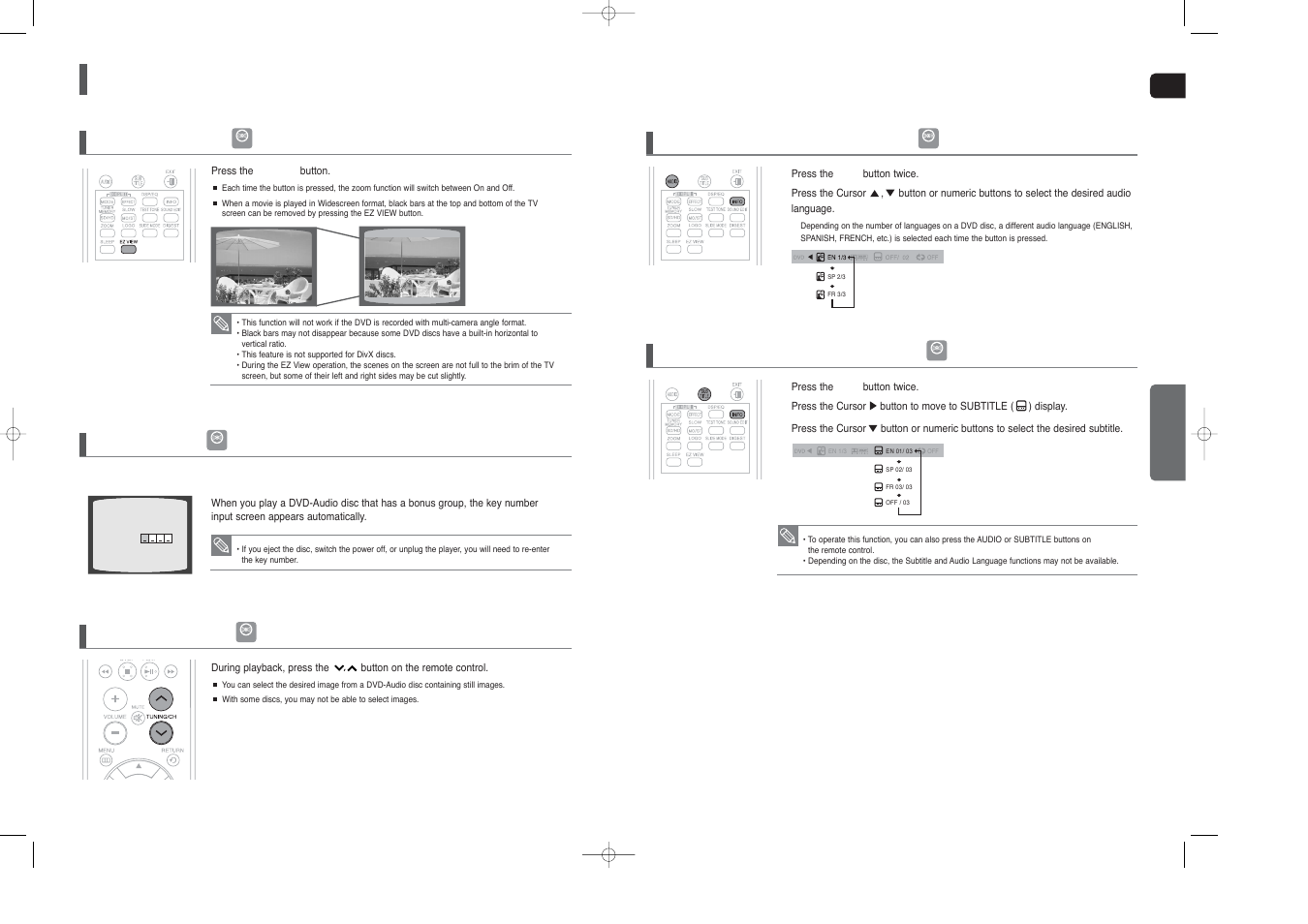 Using the playback function, Con’t), Ez view function | Audio language selection function, Subtitle language selection function, Bonus group, Navigating pages | Samsung HT-X40T-XAA User Manual | Page 18 / 33