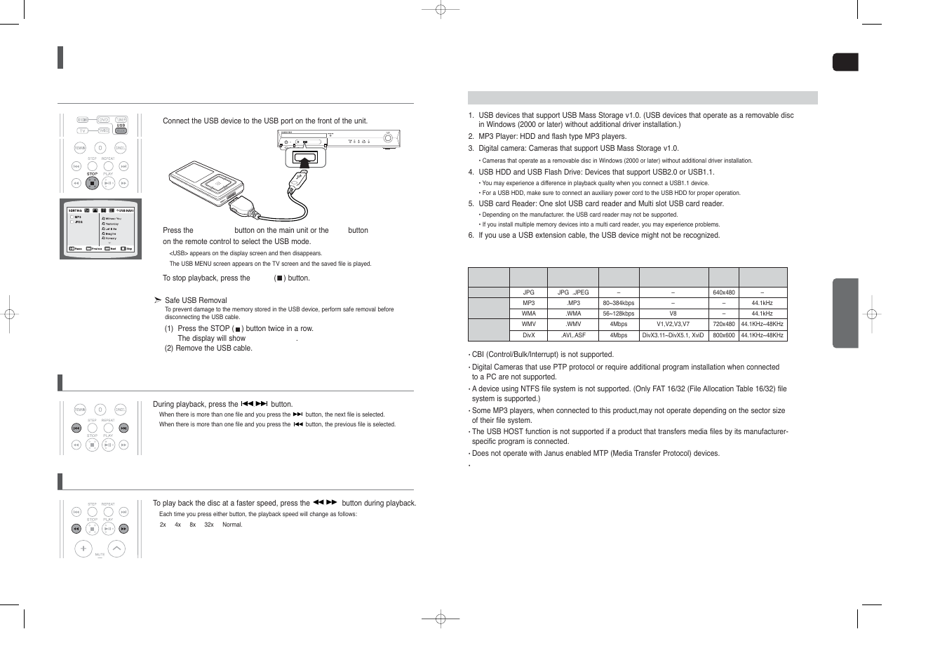Playing media files using the usb host feature, Skip forward/back, Fast playback | Samsung HT-X40T-XAA User Manual | Page 20 / 33