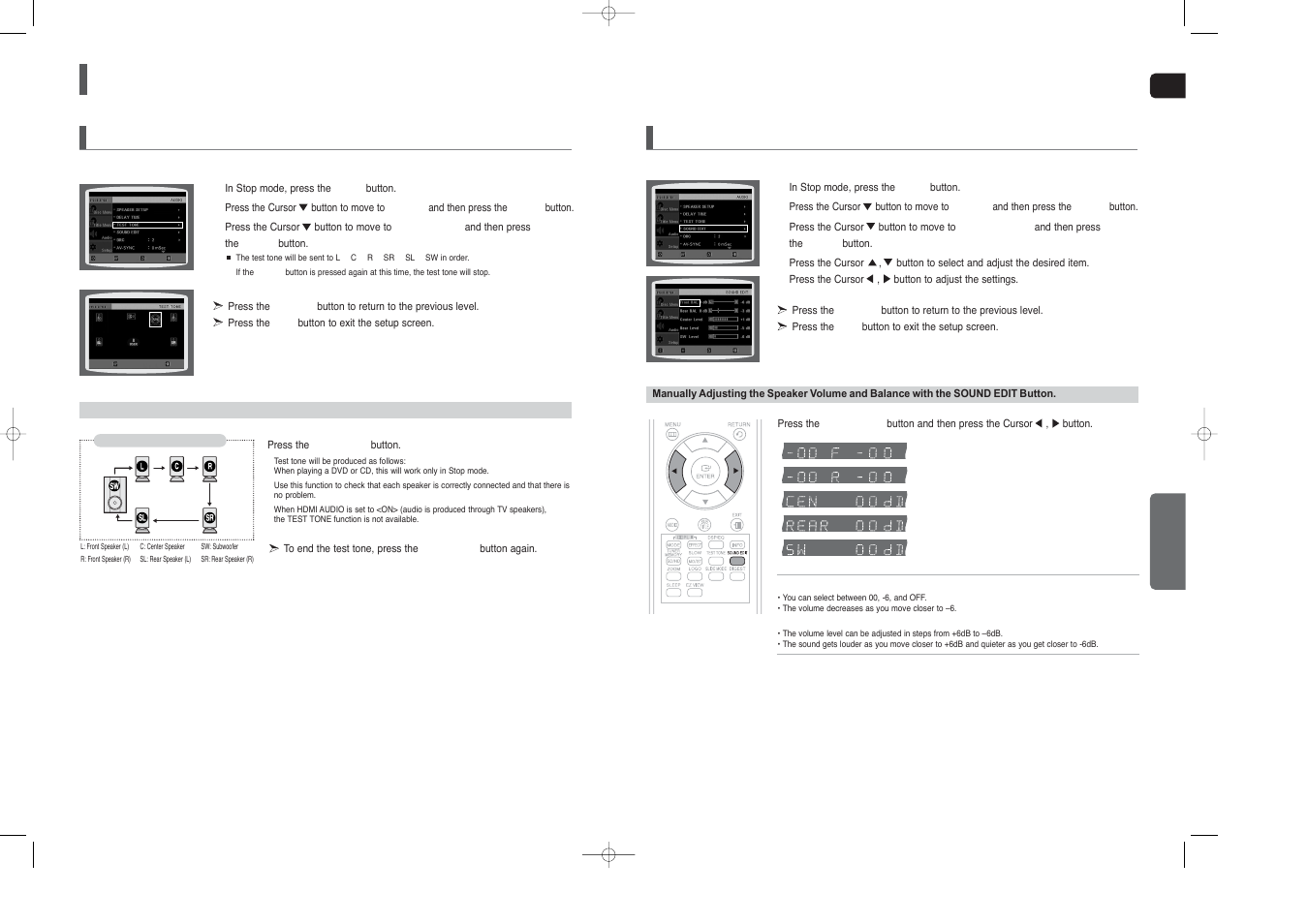 Settings, Con’t), Setting the audio | Setting the test tone | Samsung HT-X40T-XAA User Manual | Page 24 / 33