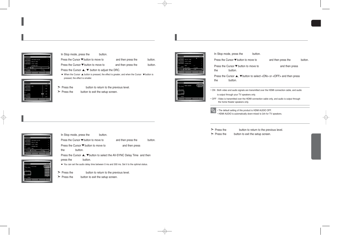 Settings, Con’t), Setting the av sync | Setting the drc (dynamic range compression), Setting the hdmi audio | Samsung HT-X40T-XAA User Manual | Page 25 / 33