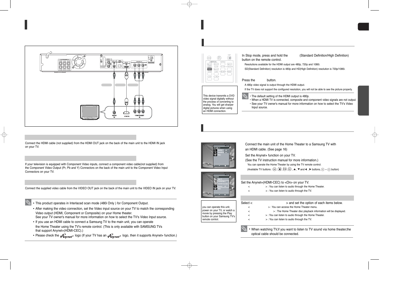 Connecting the video out to your tv, Hdmi function, Resolution selection | Using anynet+(hdmi-cec) | Samsung HT-X40T-XAA User Manual | Page 9 / 33