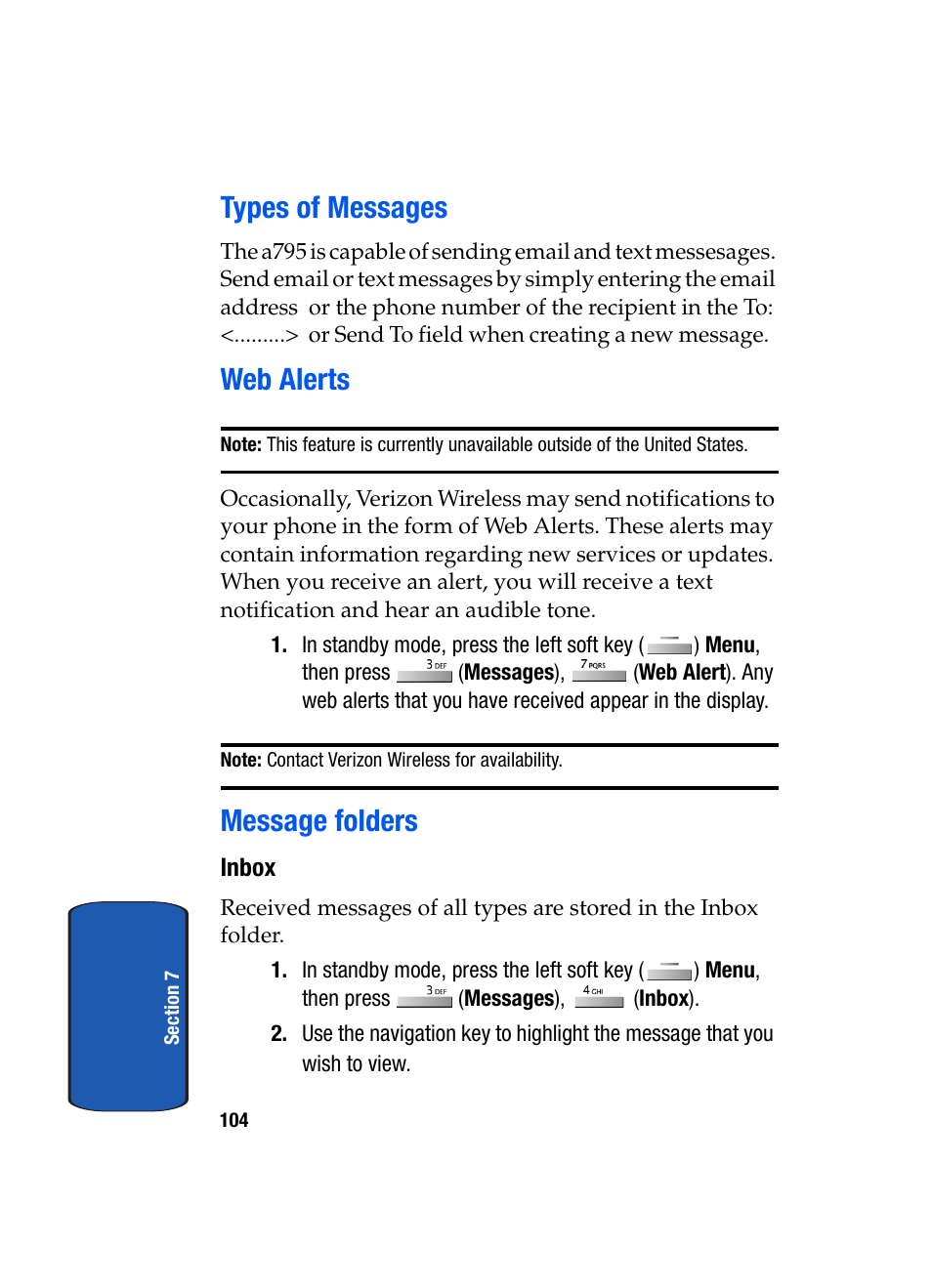 Types of messages, Web alerts, Message folders | Inbox, Types of messages web alerts message folders | Samsung SCH-A795ZAVXAR User Manual | Page 104 / 238