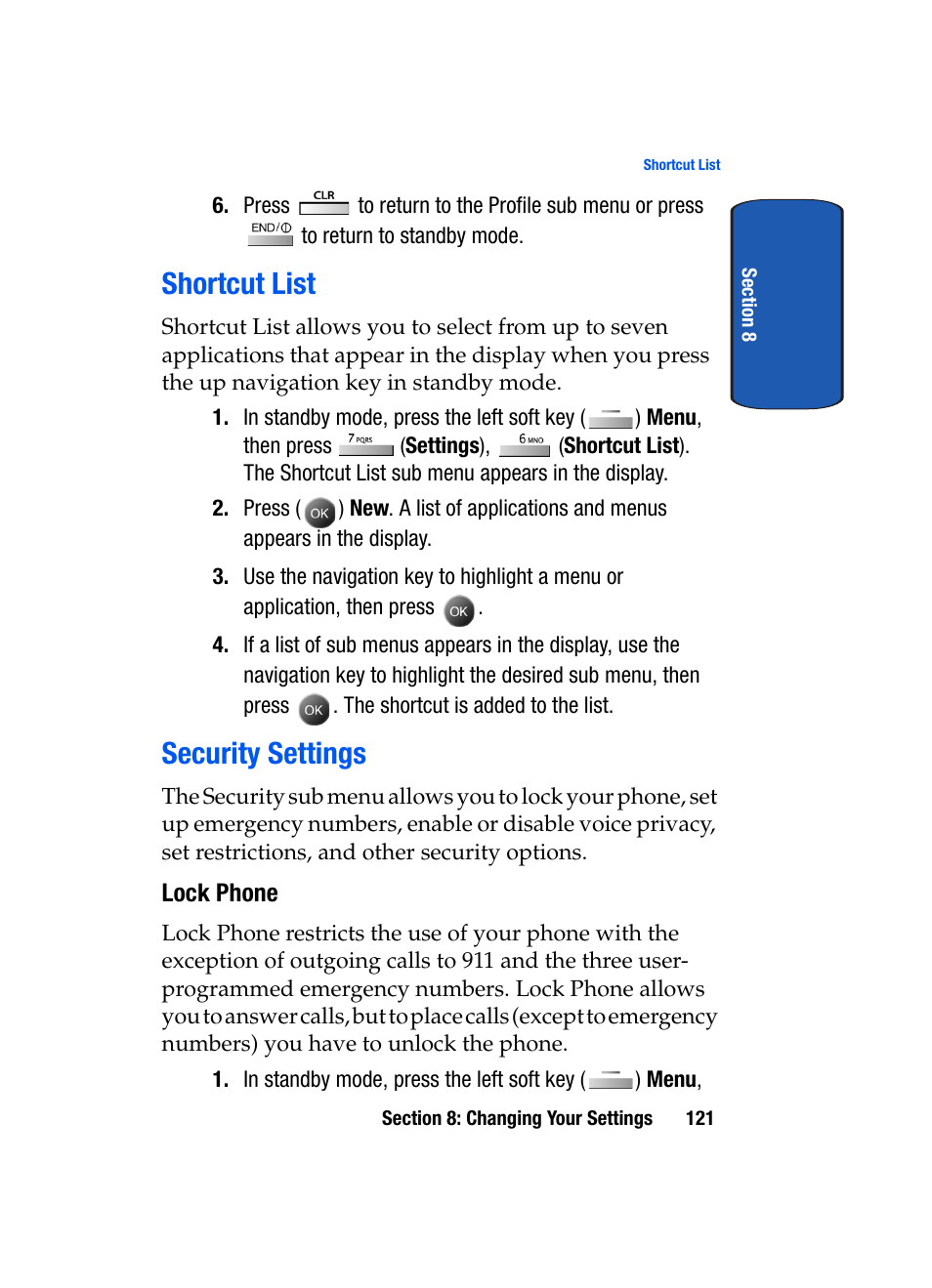 Shortcut list, Security settings, Lock phone | Shortcut list security settings | Samsung SCH-A795ZAVXAR User Manual | Page 121 / 238