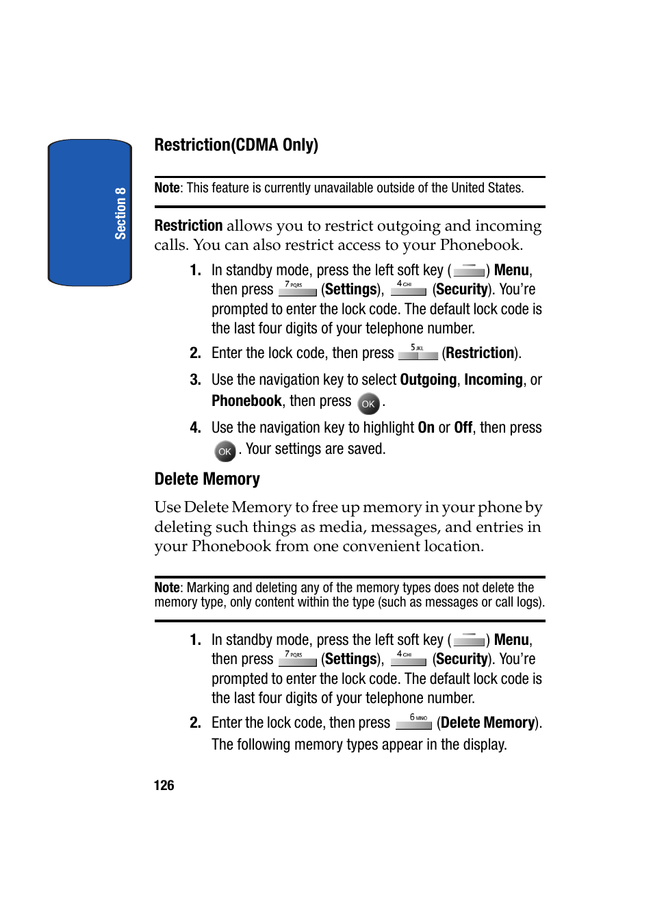 Restriction(cdma only), Delete memory | Samsung SCH-A795ZAVXAR User Manual | Page 126 / 238