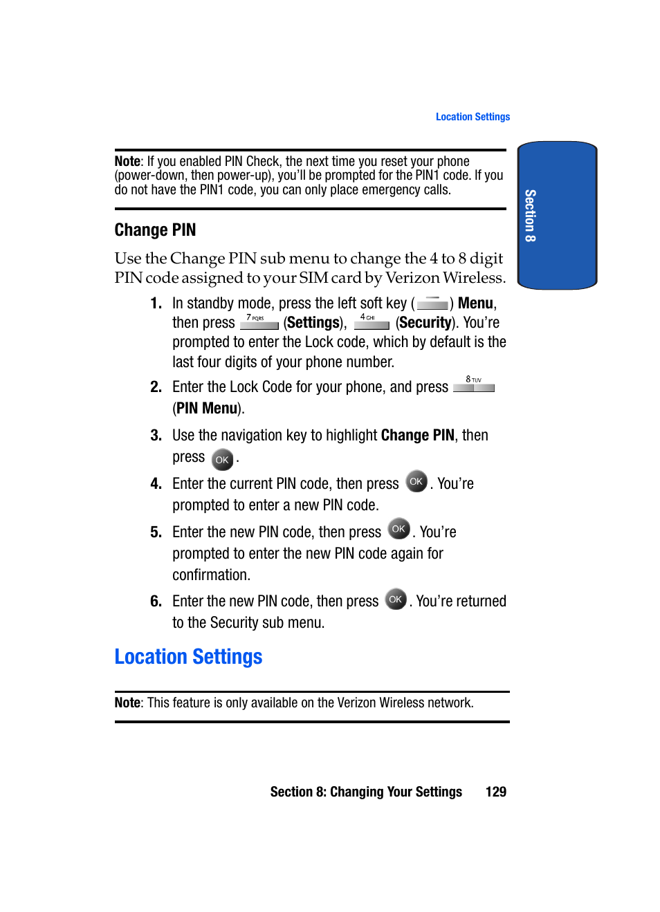 Change pin, Location settings | Samsung SCH-A795ZAVXAR User Manual | Page 129 / 238