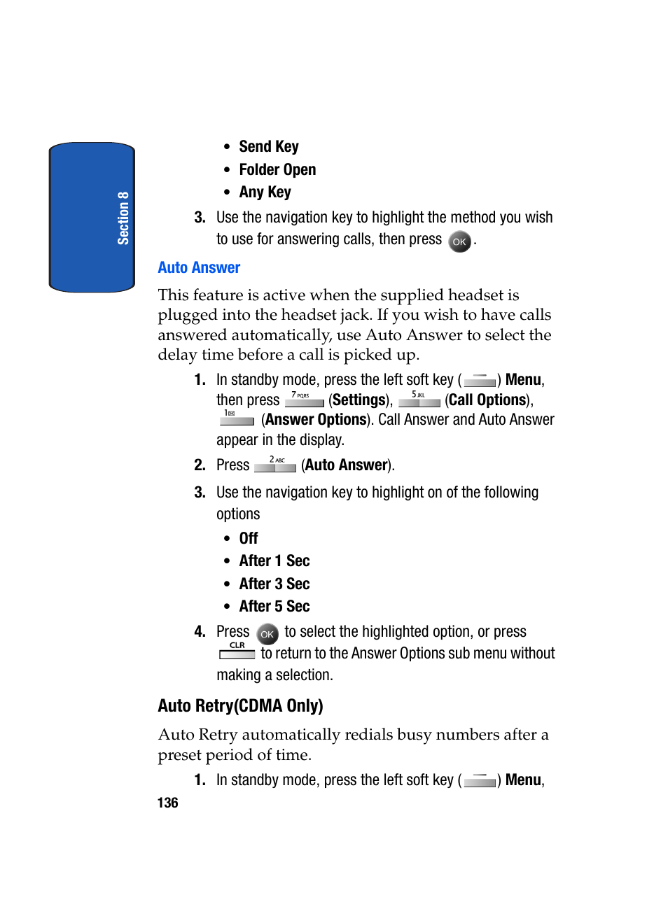 Auto answer, Auto retry(cdma only) | Samsung SCH-A795ZAVXAR User Manual | Page 136 / 238