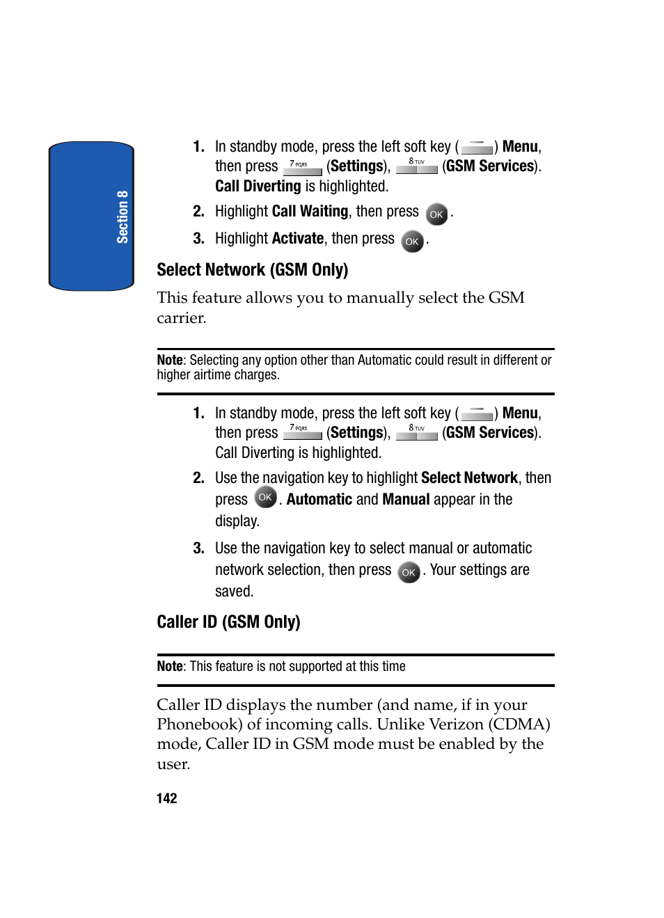 Select network (gsm only), Caller id (gsm only) | Samsung SCH-A795ZAVXAR User Manual | Page 142 / 238