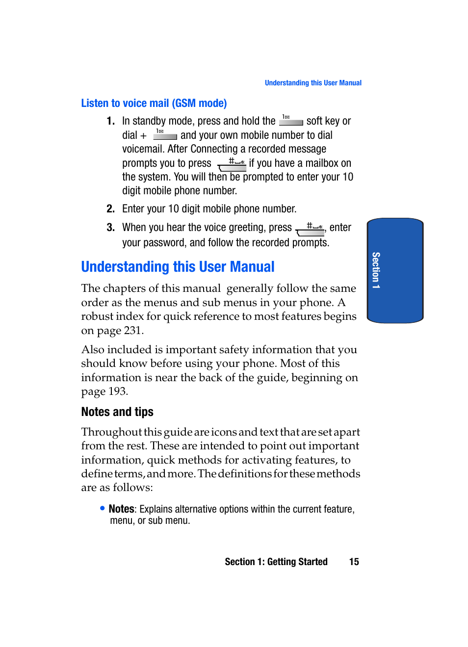 Listen to voice mail (gsm mode), Understanding this user manual, Notes and tips | Samsung SCH-A795ZAVXAR User Manual | Page 15 / 238