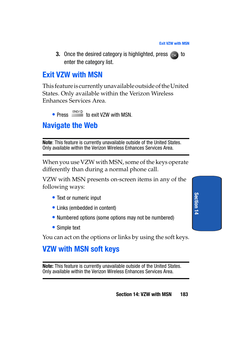 Exit vzw with msn, Navigate the web, Vzw with msn soft keys | Samsung SCH-A795ZAVXAR User Manual | Page 183 / 238