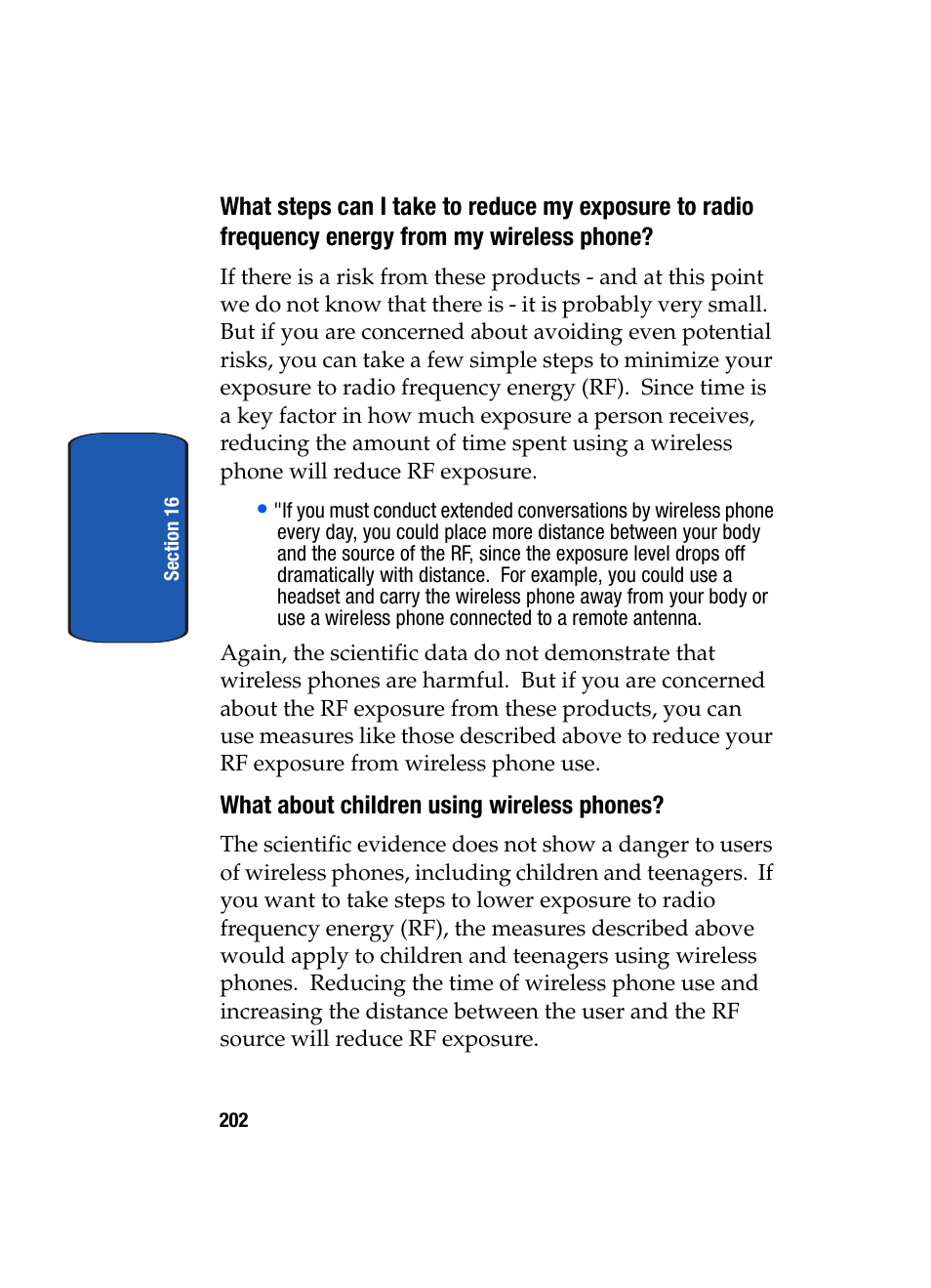 What about children using wireless phones | Samsung SCH-A795ZAVXAR User Manual | Page 202 / 238