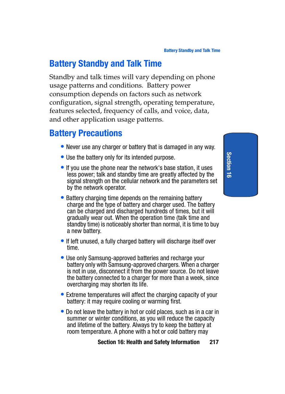 Battery standby and talk time, Battery precautions, Battery standby and talk time battery precautions | Samsung SCH-A795ZAVXAR User Manual | Page 217 / 238