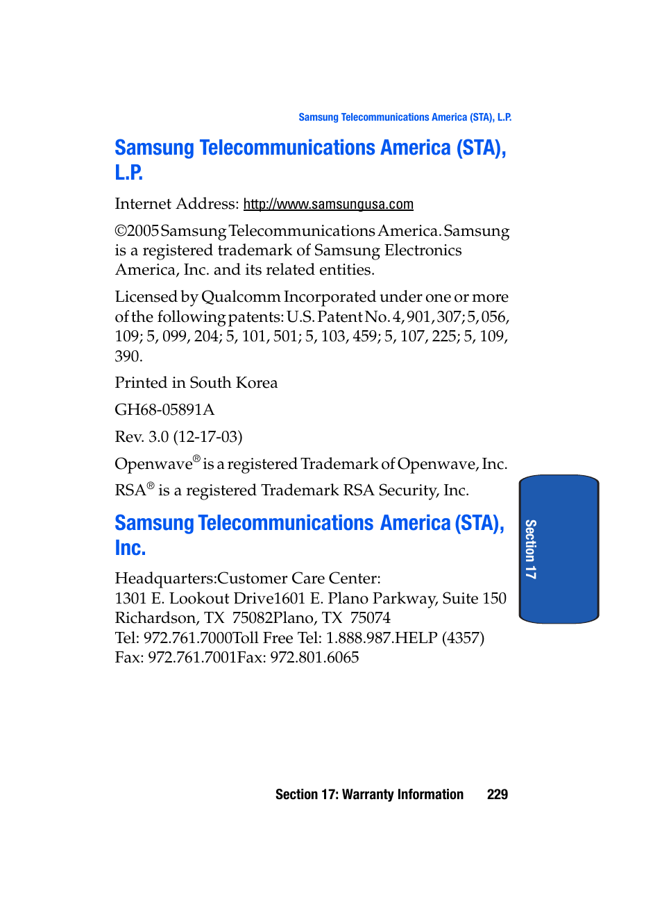 Samsung telecommunications america (sta), l.p, Samsung telecommunications america (sta), inc | Samsung SCH-A795ZAVXAR User Manual | Page 229 / 238
