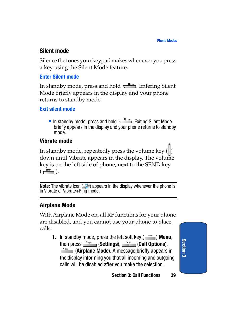 Silent mode, Enter silent mode, Exit silent mode | Vibrate mode, Airplane mode | Samsung SCH-A795ZAVXAR User Manual | Page 39 / 238