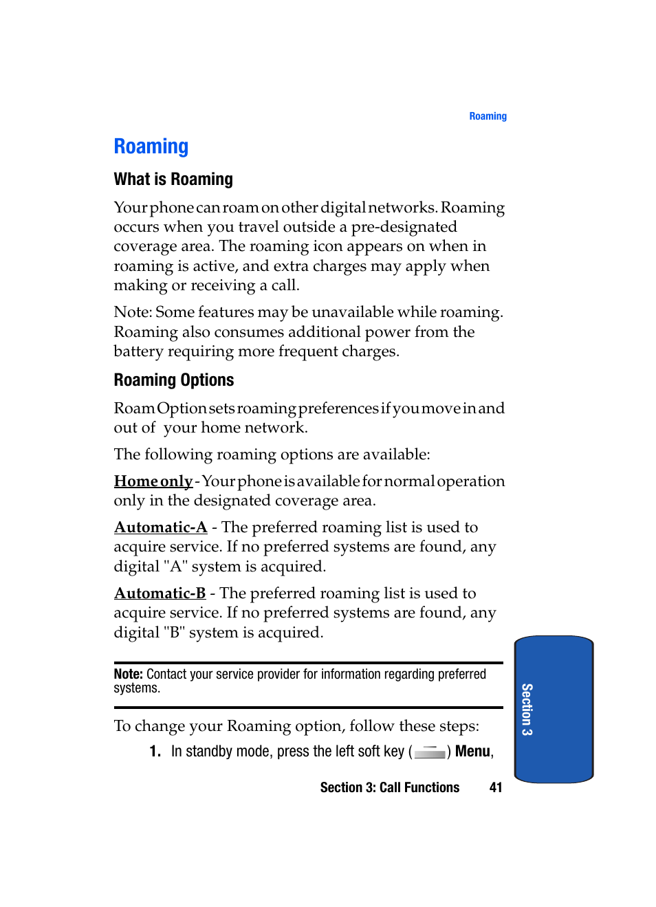 Roaming, What is roaming, Roaming options | Samsung SCH-A795ZAVXAR User Manual | Page 41 / 238