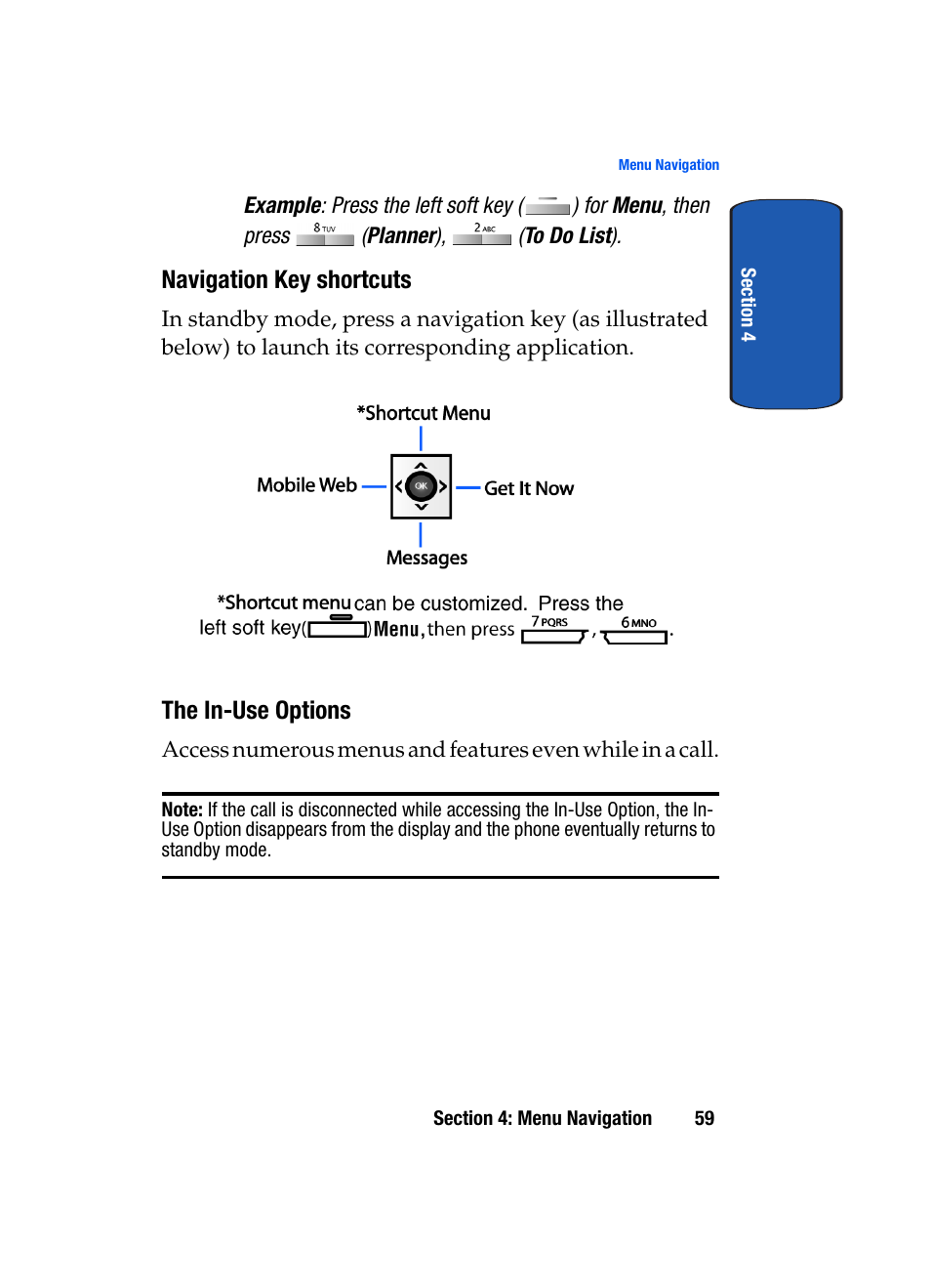 Navigation key shortcuts, The in-use options | Samsung SCH-A795ZAVXAR User Manual | Page 59 / 238