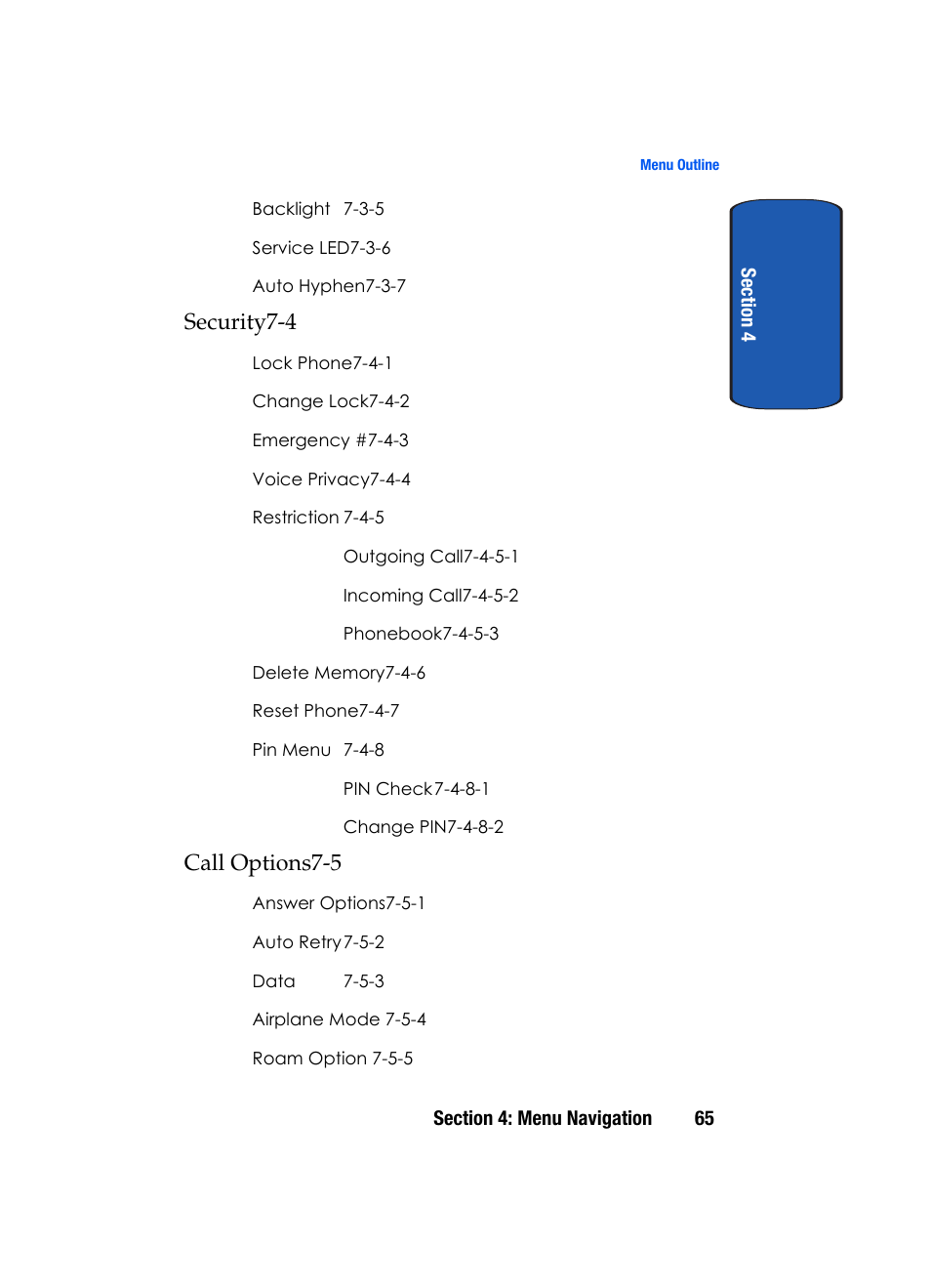 Security7-4, Call options7-5 | Samsung SCH-A795ZAVXAR User Manual | Page 65 / 238