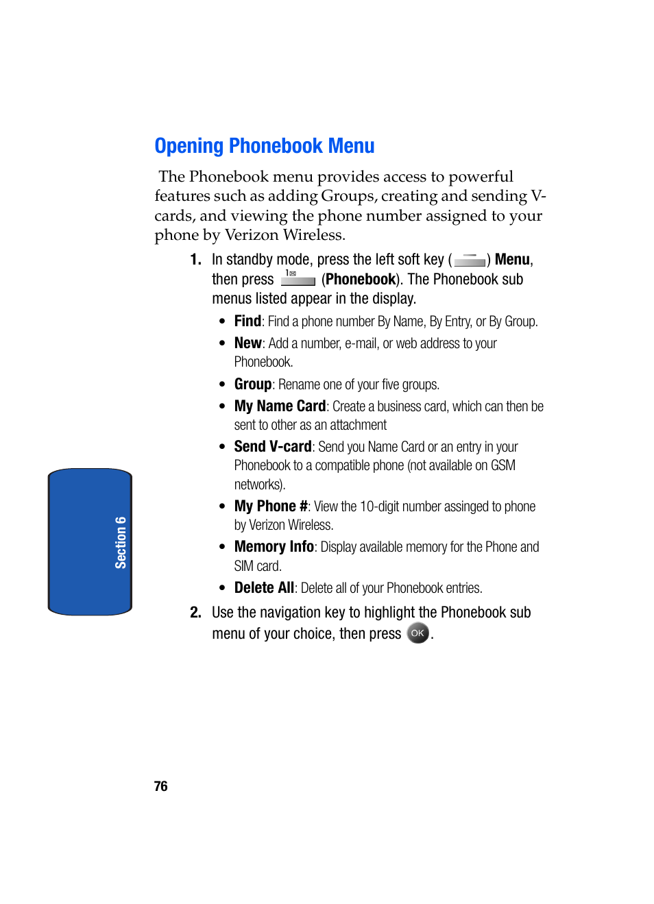 Opening phonebook menu | Samsung SCH-A795ZAVXAR User Manual | Page 76 / 238
