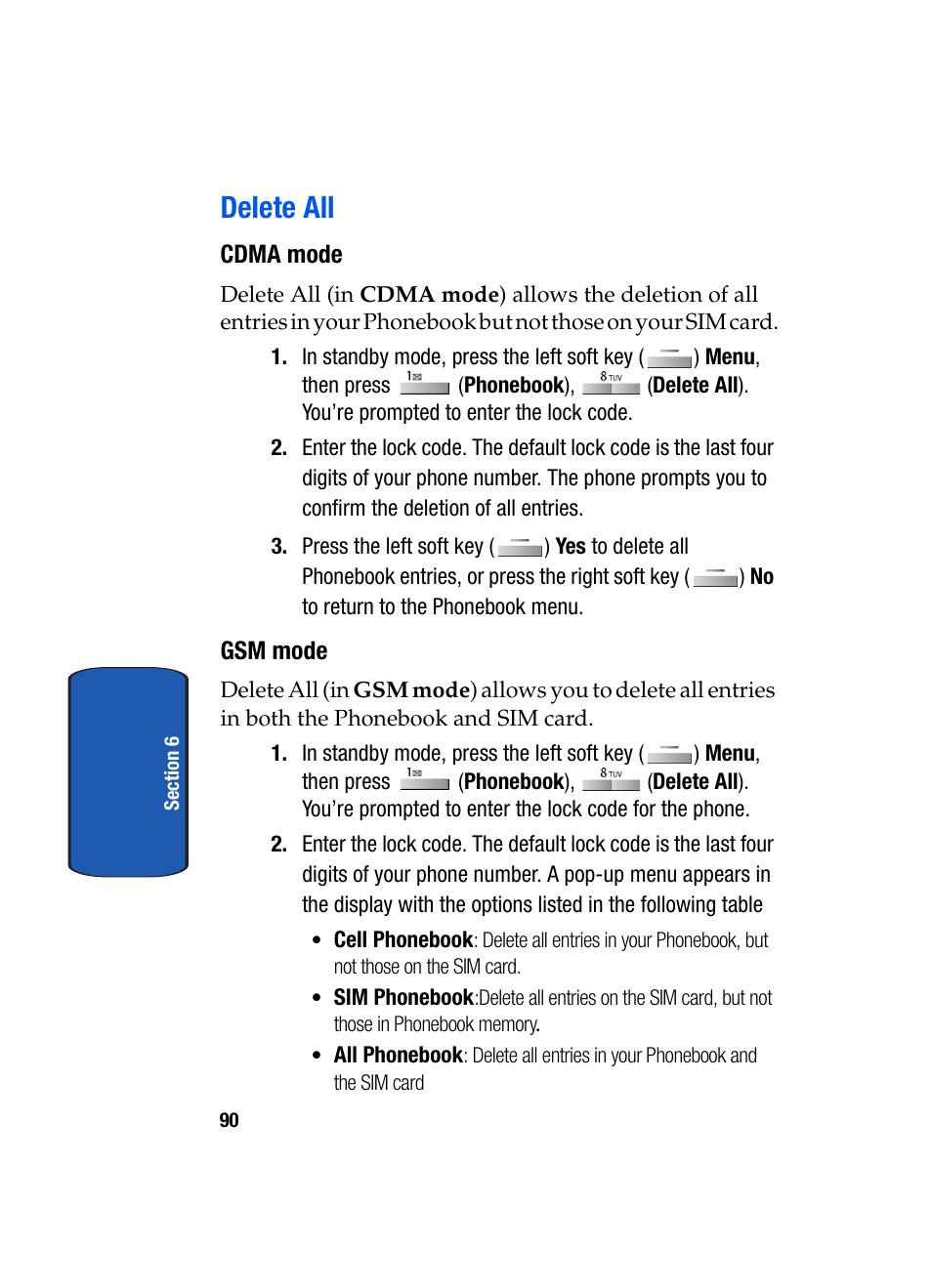 Delete all, Cdma mode, Gsm mode | Samsung SCH-A795ZAVXAR User Manual | Page 90 / 238