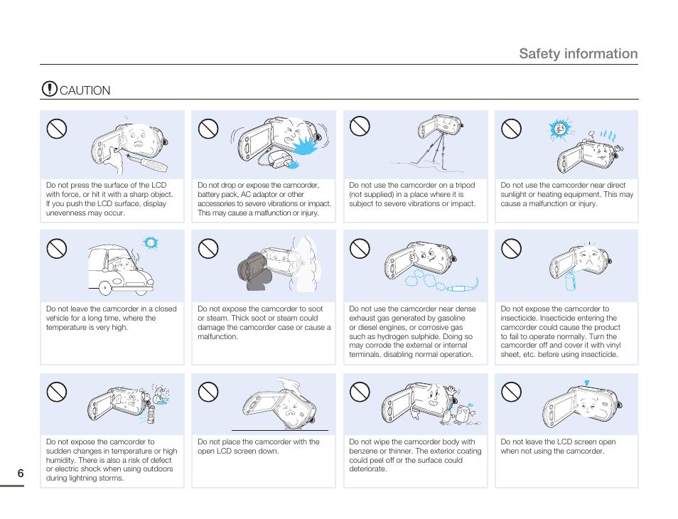 Caution, Safety information | Samsung HMX-H300BN-XAA User Manual | Page 10 / 122