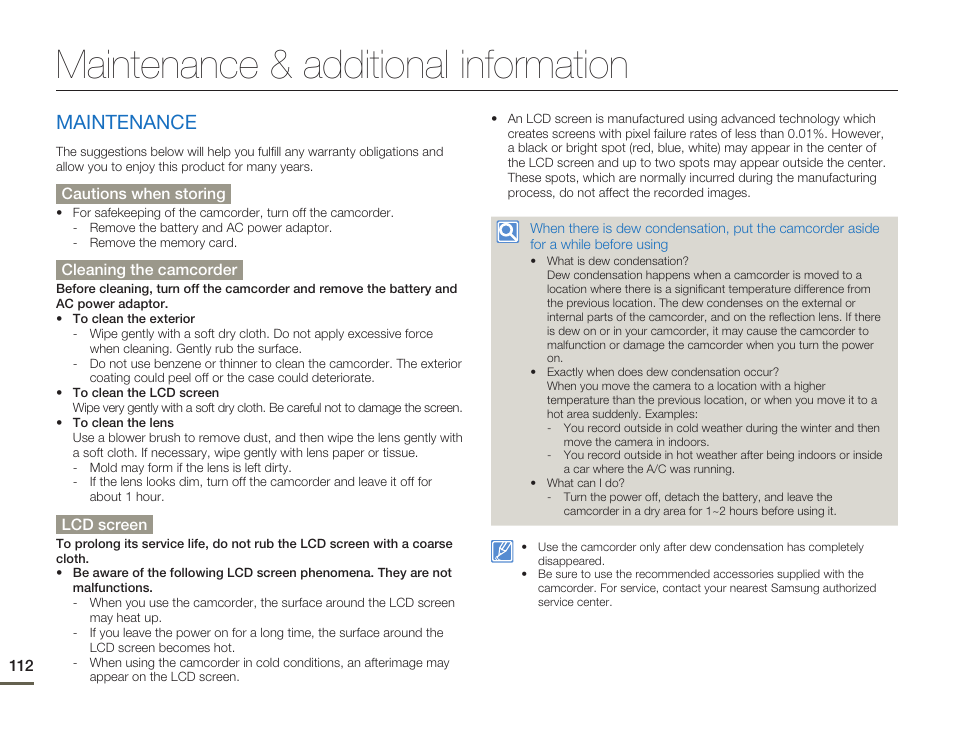 Maintenance & additional information, Maintenance | Samsung HMX-H300BN-XAA User Manual | Page 116 / 122