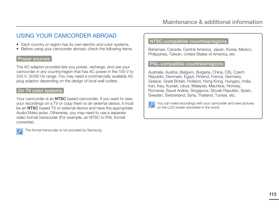 Using your camcorder abroad | Samsung HMX-H300BN-XAA User Manual | Page 117 / 122
