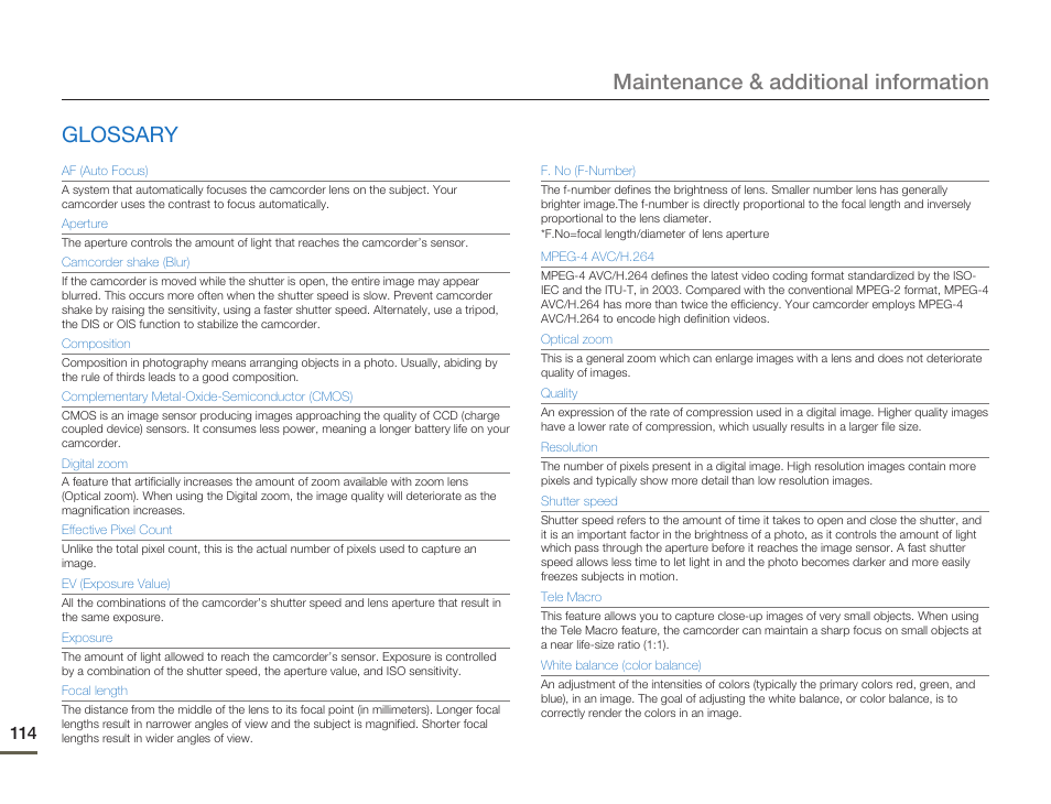 Glossary, Maintenance & additional information | Samsung HMX-H300BN-XAA User Manual | Page 118 / 122