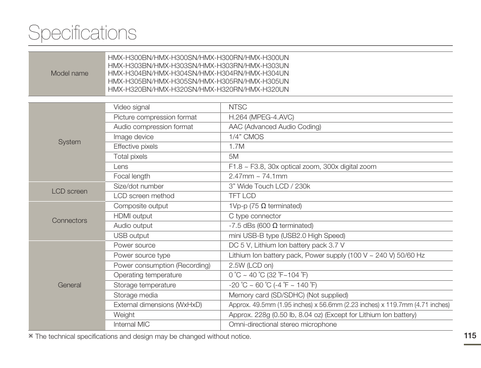 Specifications | Samsung HMX-H300BN-XAA User Manual | Page 119 / 122