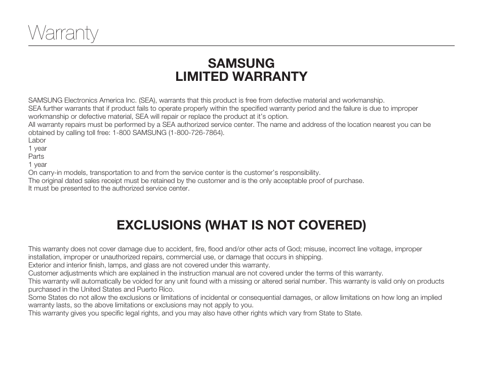 Warranty, Samsung limited warranty, Exclusions (what is not covered) | Samsung HMX-H300BN-XAA User Manual | Page 120 / 122