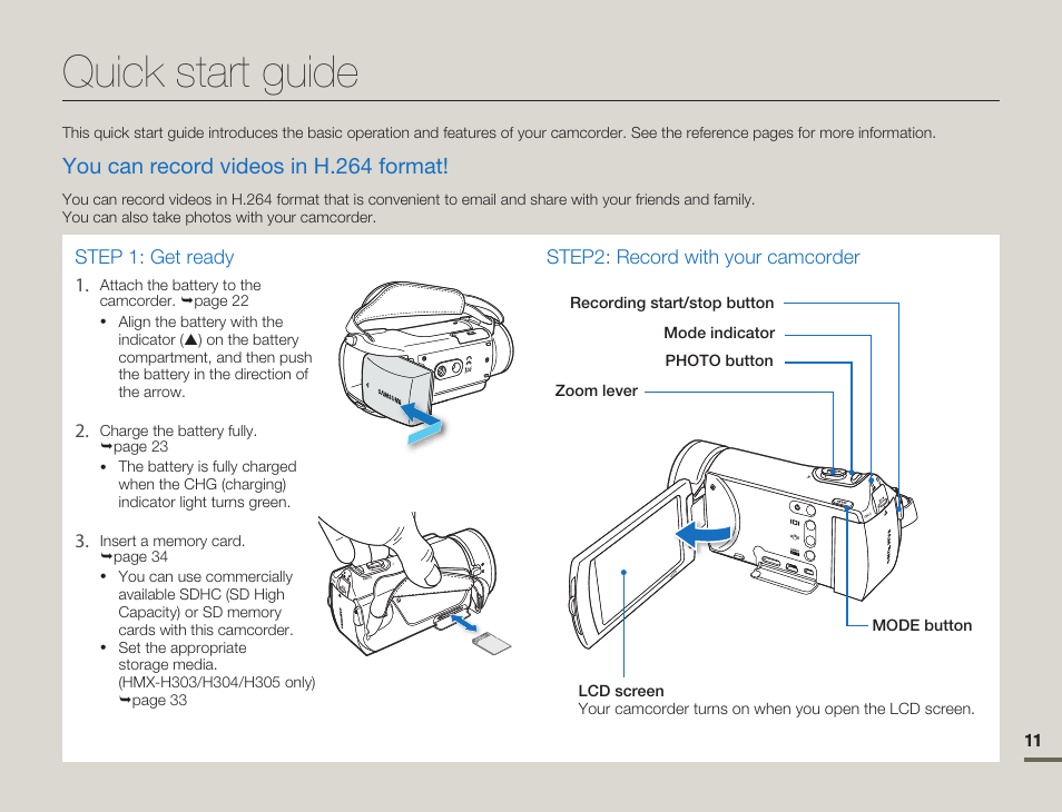 Quick start guide, You can record videos in h.264 format | Samsung HMX-H300BN-XAA User Manual | Page 15 / 122