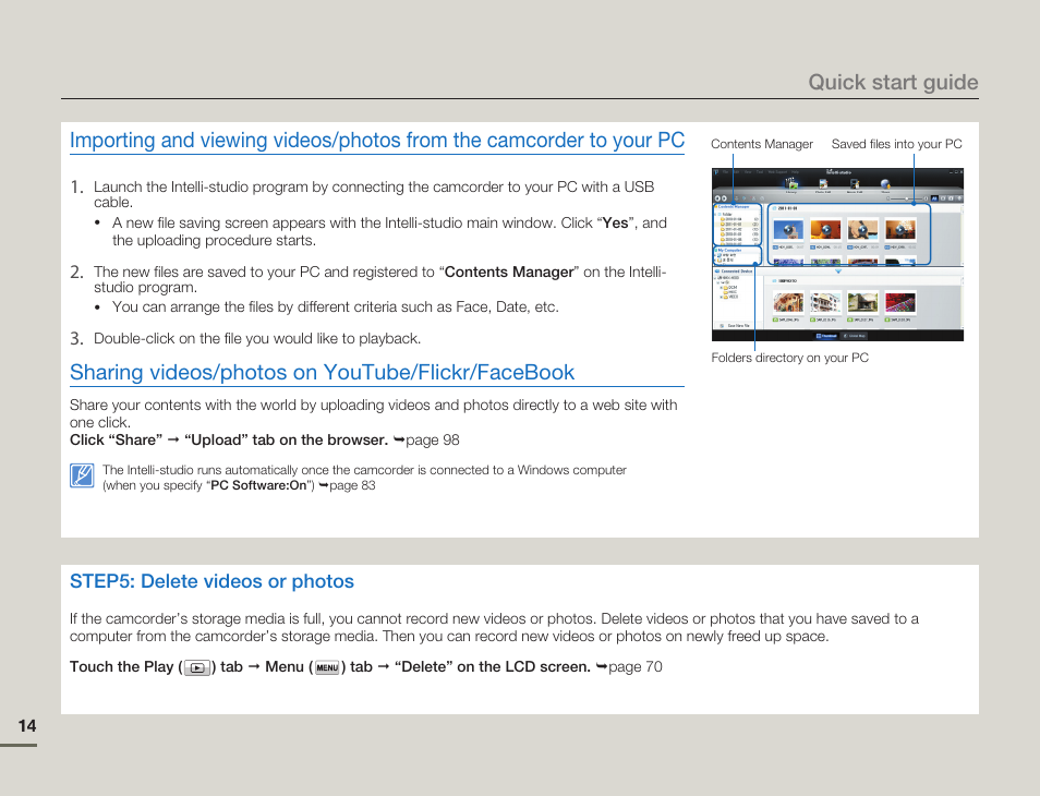 Sharing videos/photos on youtube/flickr/facebook, Quick start guide | Samsung HMX-H300BN-XAA User Manual | Page 18 / 122