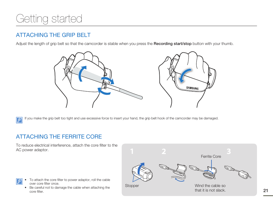 Getting started, Attaching the grip belt, Attaching the ferrite core | Samsung HMX-H300BN-XAA User Manual | Page 25 / 122