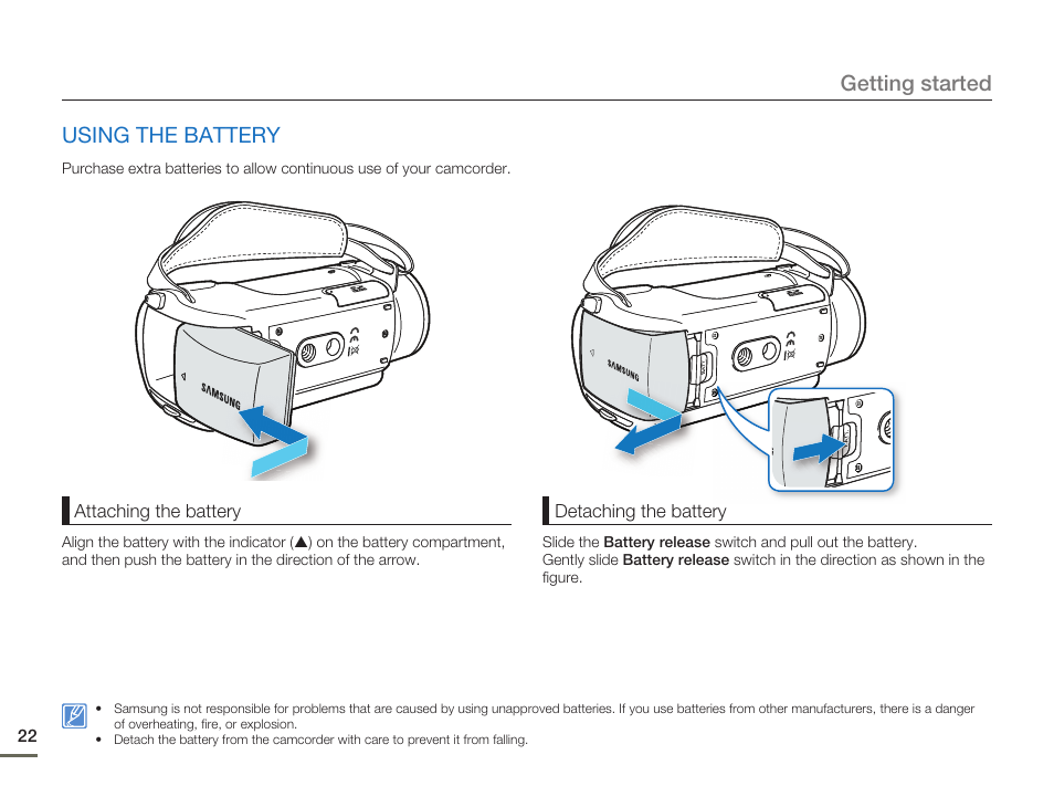 Using the battery, Getting started | Samsung HMX-H300BN-XAA User Manual | Page 26 / 122