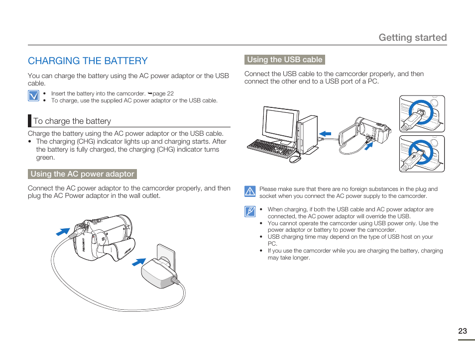 Charging the battery, Getting started charging the battery | Samsung HMX-H300BN-XAA User Manual | Page 27 / 122